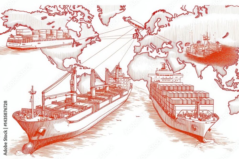 Global Shipping Routes and Cargo Ships in Detailed Drawing Style