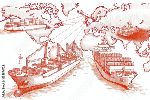 Obraz na płótnie Global Shipping Routes and Cargo Ships in Detailed Drawing Style w salonie