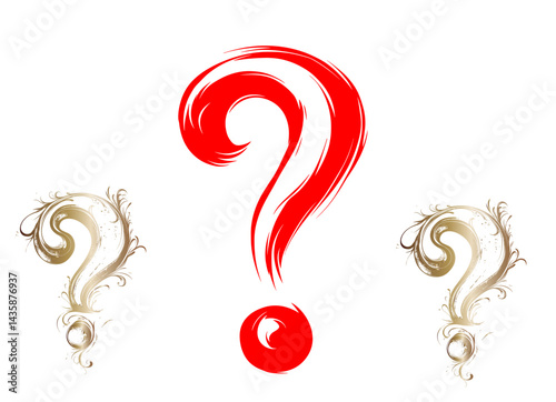 Ornate Question Marks, red and gold, representing inquiry and design elements.