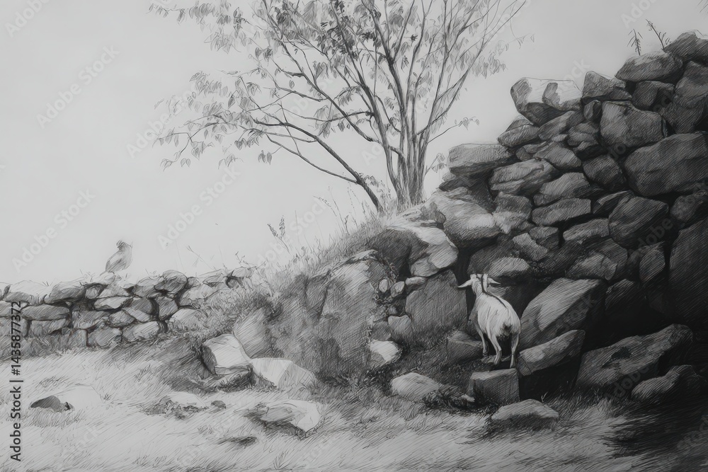 Goat Standing by Stone Wall with Tree in Black and White Drawing