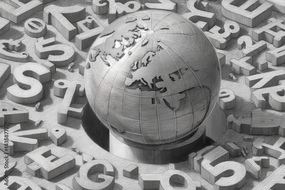 Globe Surrounded by Alphabet Letters in Black and White Art Style