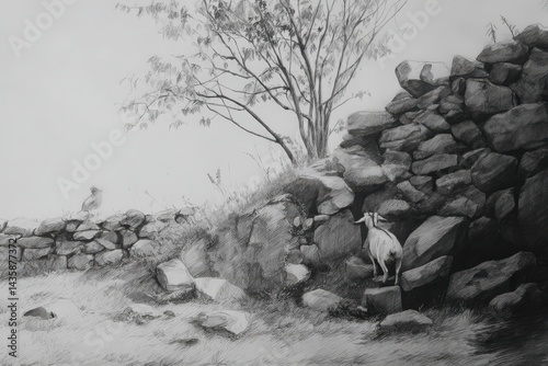 Obraz na płótnie Goat Standing by Stone Wall with Tree in Black and White Drawing w salonie