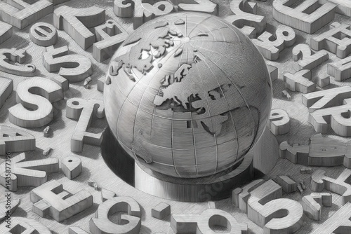 Obraz na płótnie Globe Surrounded by Alphabet Letters in Black and White Art Style w salonie