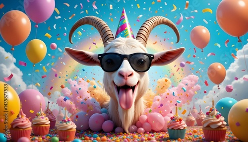 Happy Goat Birthday Party with Colorful Balloons and Cupcakes