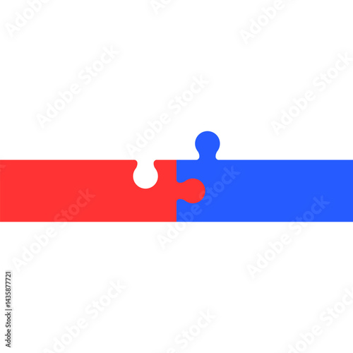 Two colored long puzzle pieces joined together. Puzzle pieces connecting together on a white background. Vector illustration.