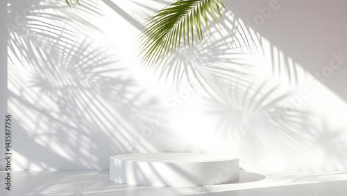 realistic blank minimal white counter podium, soft beautiful dappled sunlight, tropical palm foliage leaf shadow on wall for luxury hygiene organic cosmetic, skincare, beauty treatment product backgro