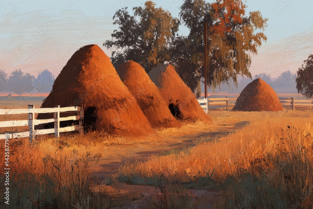 Golden Haystacks in Serene Farm Landscape at Dawn