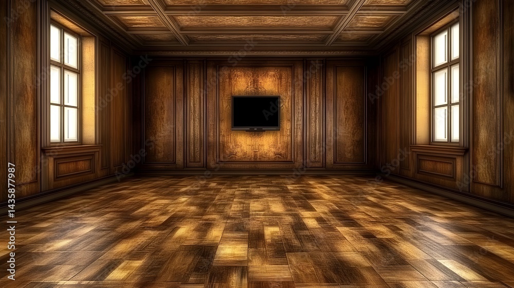 Fototapeta premium Empty Dark Wood Paneled Room with Parquet Flooring and Windows