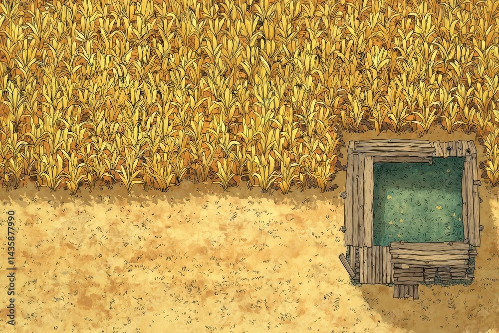 Golden Cornfield with Rustic Shed and Green Water Well