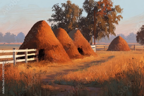 Obraz na płótnie Golden Haystacks in Serene Farm Landscape at Dawn w salonie