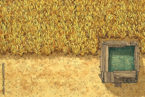 Obraz na płótnie Golden Cornfield with Rustic Shed and Green Water Well w salonie