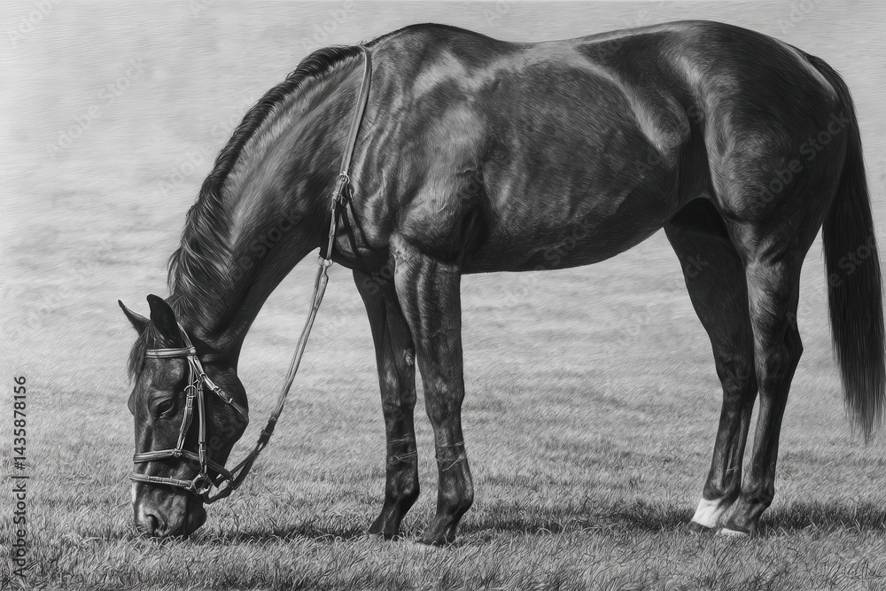 Graceful Black Horse Grazing on Green Grass in Gentle Light