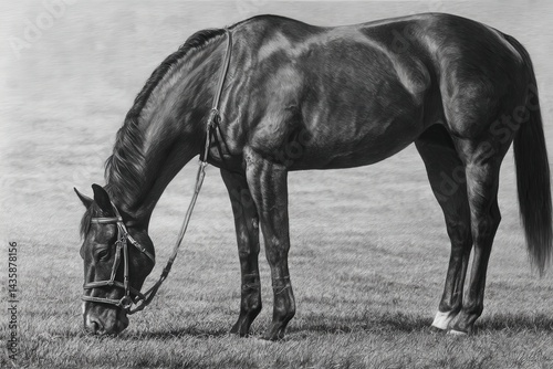 Obraz na płótnie Graceful Black Horse Grazing on Green Grass in Gentle Light w salonie