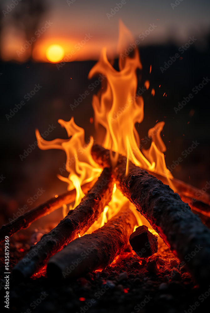 Fototapeta premium Warm Campfire Blaze in the Forest: Cozy Evening Embers and Rustic Outdoor Atmosphere