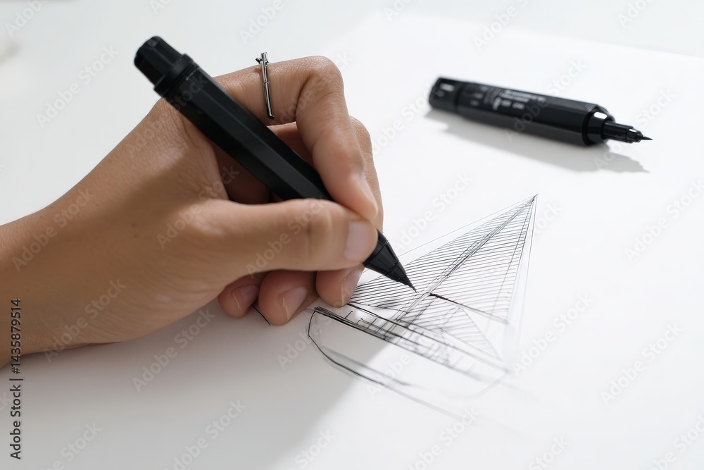 Hand Drawing a Sailboat Design with Black Pen on White Paper