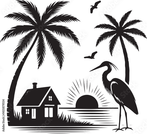 the palm tree silhouette victor design black and white background.