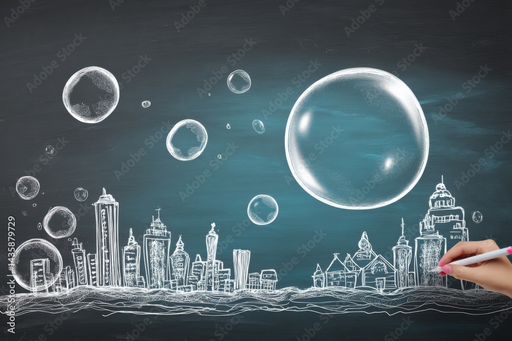 Hand Drawing City Skyline on Chalkboard with Floating Bubbles