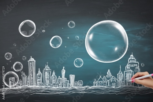 Obraz na płótnie Hand Drawing City Skyline on Chalkboard with Floating Bubbles w salonie