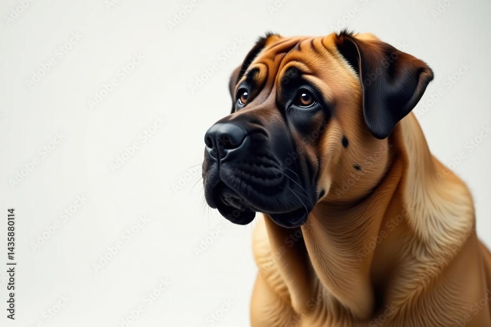 Imposing Mastiff, attentive gaze, pure white backdrop, loyal, canine breeds Imposing Mastiff, attentive gaze, pure white backdrop, loyal, canine breeds