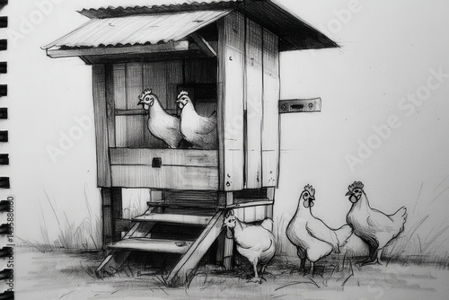 Hand-Drawn Chicken Coop with Chickens in Rural Setting Artwork