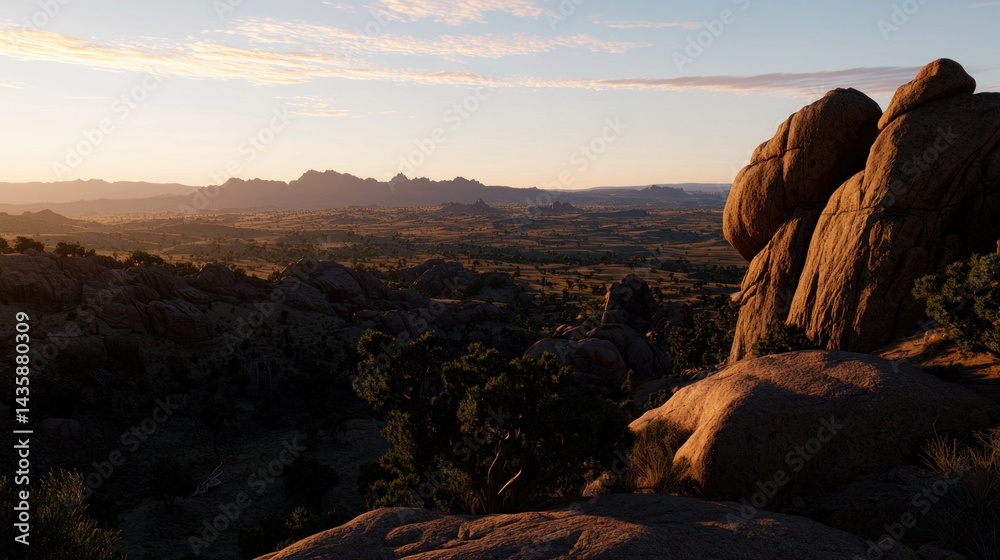 Naklejka premium Desert Sunrise Over Rocky Outcrops