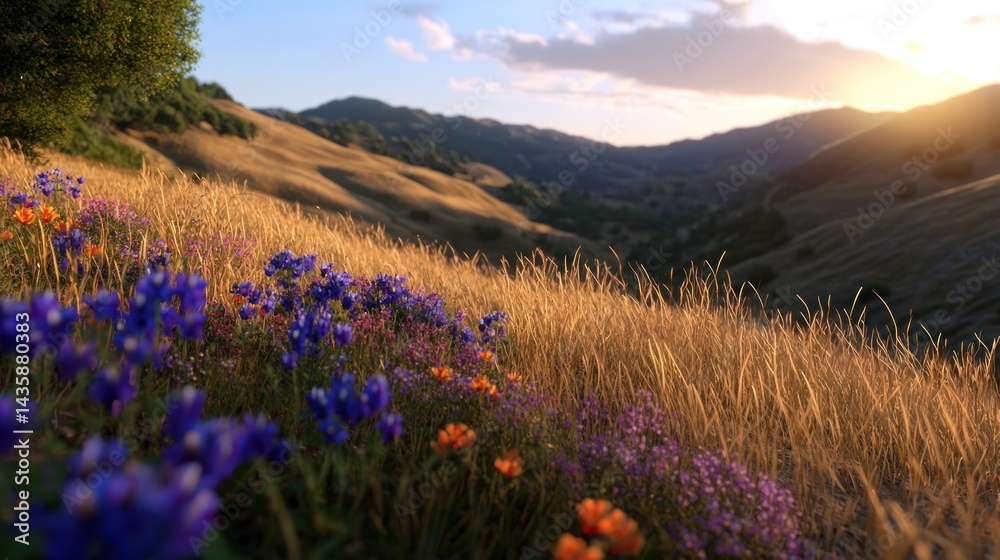 Obraz premium Sunset wildflowers hillside valley view