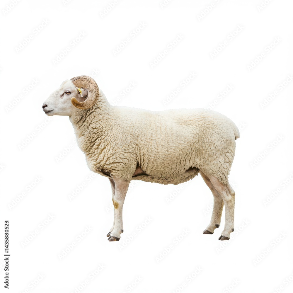 Obraz premium A full side view of a white ram with large curved horns standing on a white background in a studio shot