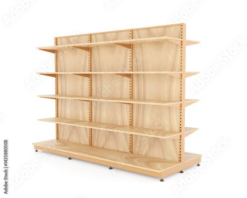 Large wooden supermarket shelving unit with multiple adjustable levels, isolated on white background. Perfect for product display, retail store, market shop, or commercial interior use. 3D render. 