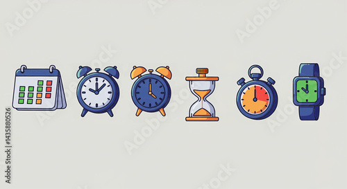 Bold, cartoonish digital graphics featuring seven dark blue clock icons with thick black borders and a subtle 3D effect of color gradients and highlights. Vector Illustration