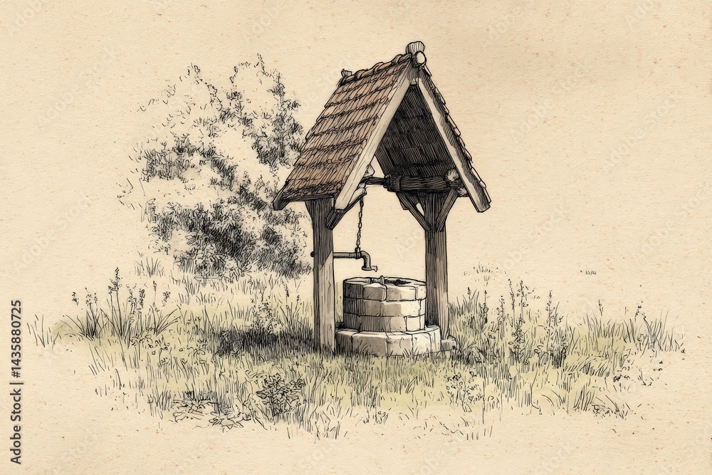Hand-Drawn Illustration of a Rustic Stone Well Surrounded by Nature