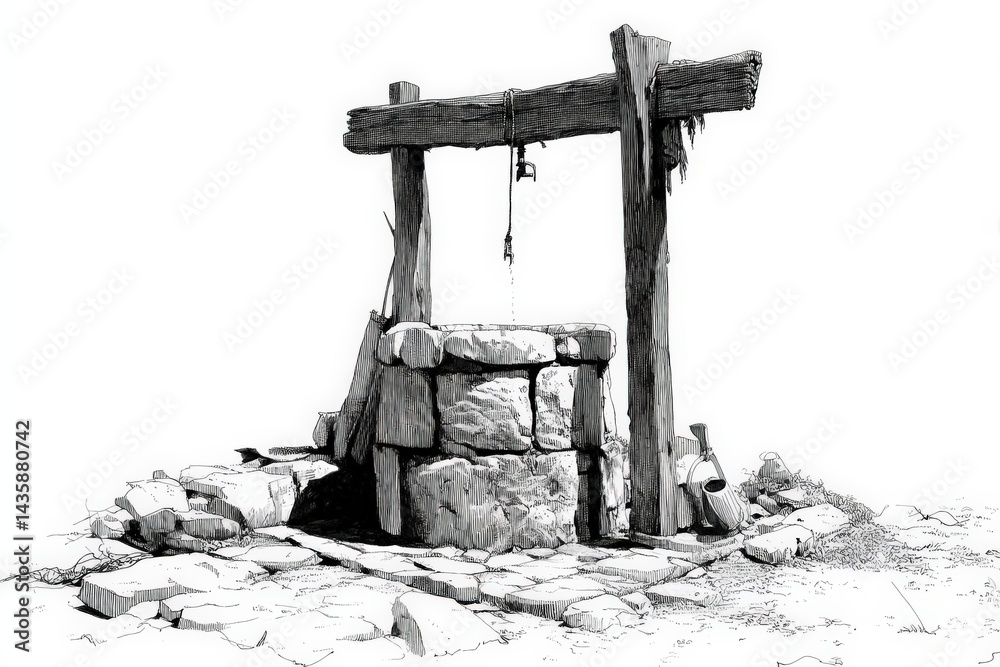 Hand-Drawn Illustration of an Old Stone Well in a Rural Setting