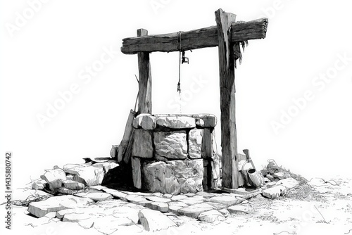 Obraz na płótnie Hand-Drawn Illustration of an Old Stone Well in a Rural Setting w salonie