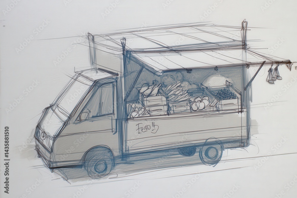 Hand-Drawn Sketch of Food Truck with Fresh Produce and Vegetables