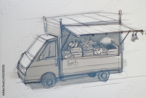 Hand-Drawn Sketch of Food Truck with Fresh Produce and Vegetables