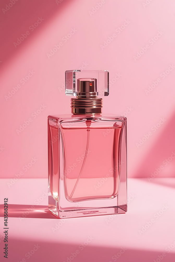 Elegant Pink Perfume Bottle on a Soft Pink Background: Luxury Fragrance Packaging and Minimalist Aesthetic Elegant Pink Perfume Bottle on a Soft Pink Background: Luxury Fragrance Packaging and Minimalist Aesthetic