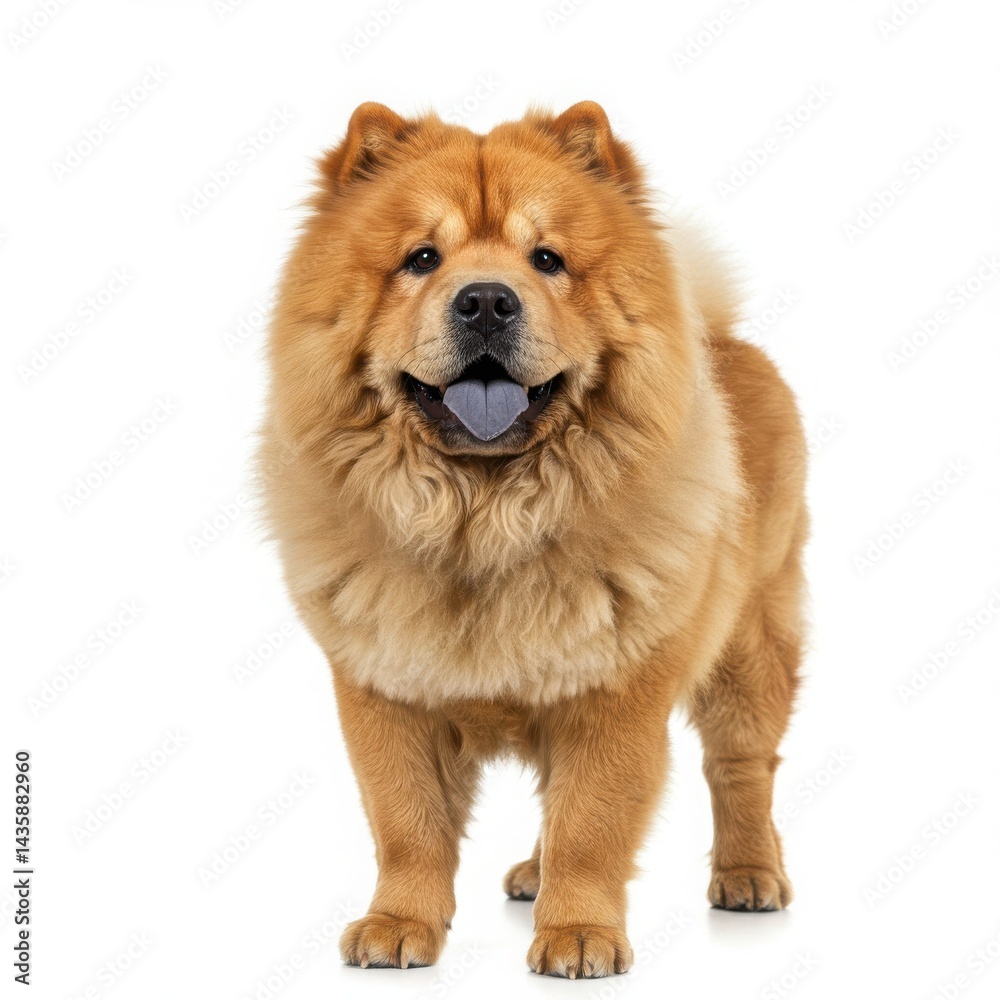 A fluffy chow chow dog standing on a white background with its tongue sticking out slightly looking forward A fluffy chow chow dog standing on a white background with its tongue sticking out slightly looking forward