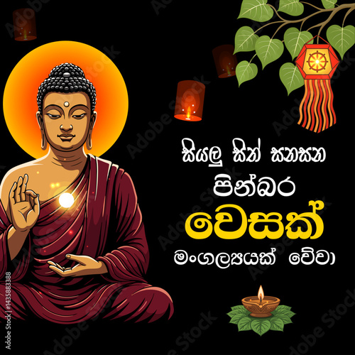 Happy Vesak Day Greeting Flyer, Happy Vesak Day | Pinbara Vesak Mangalyak vewa– Sinhala Vesak Wishes -Buddha Purnima Vector Illustration