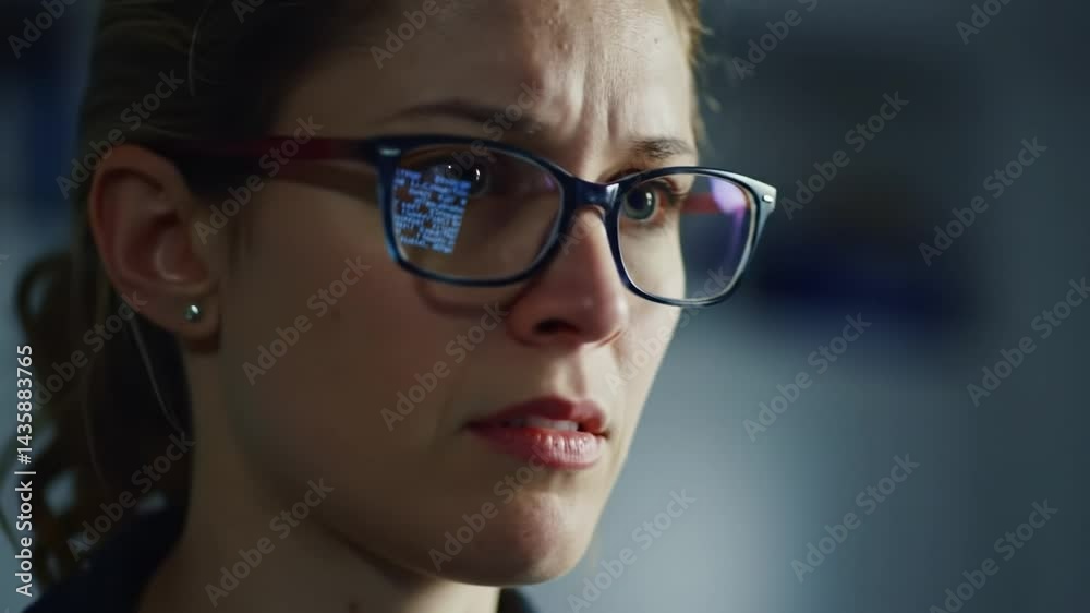 A woman with glasses shows deep concentration as she examines complex data reflecting on her lenses. The setting is dimly lit, highlighting her determination and focus. A woman with glasses shows deep concentration as she examines complex data reflecting on her lenses. The setting is dimly lit, highlighting her determination and focus.