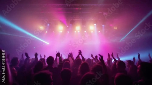 A vibrant concert scene with colorful laser lights and a cheering crowd, captured from a low-angle, reminiscent of a live music video experience 4k