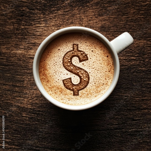 Latte art dollar sign on a cup of coffee