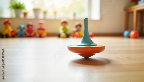 Spinning top toy playfully rotating on a wooden floor in a children's room with colorful toys in the background