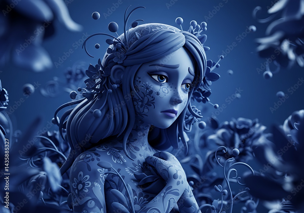 Fototapeta premium Azure Grief: A Floral Lament AI Generated
