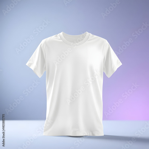 A promotional photograph of a plain white t-shirt, sharply focused against a softly blurred bokeh background featuring a smooth gradient transition. Seamless color blending ensures a clean aesthetic.