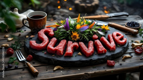 Rustic Survive Typography With Wild Flowers And Morning Coffee Setting photo