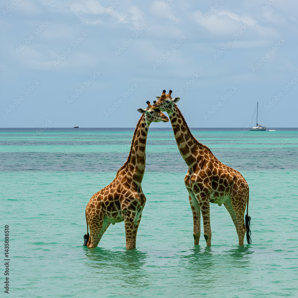 Obraz premium Two giraffes standing in shallow turquoise water with boats visible in the distance under a blue sky
