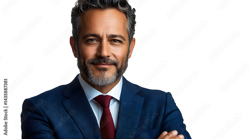 Portrait of a middle-aged businessman smiling with arms crossed, wearing a blue suit and red tie, isolated on white background Portrait of a middle-aged businessman smiling with arms crossed, wearing a blue suit and red tie, isolated on white background