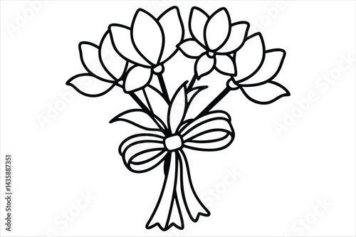Single line flower bouquet tied with a bow, all in one stroke