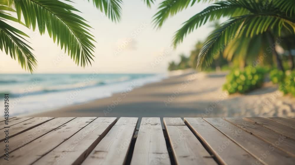 Empty wooden planks with a blurred backdrop, ideal for product showcasing, featuring fronds in the foreground. Empty wooden planks with a blurred backdrop, ideal for product showcasing, featuring fronds in the foreground.