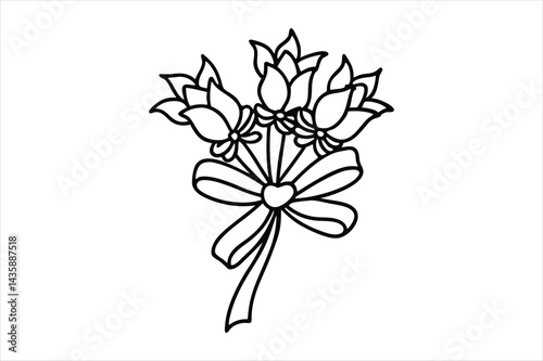 Single line flower bouquet tied with a bow, all in one stroke