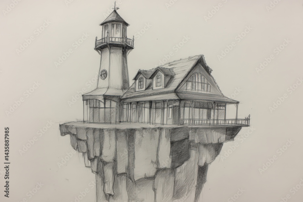 Imaginative Lighthouse House on Cliffside with Dramatic Landscape